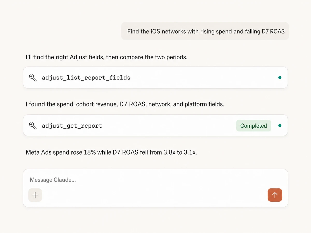 Adjust MCP session that discovers reporting fields and compares iOS network performance