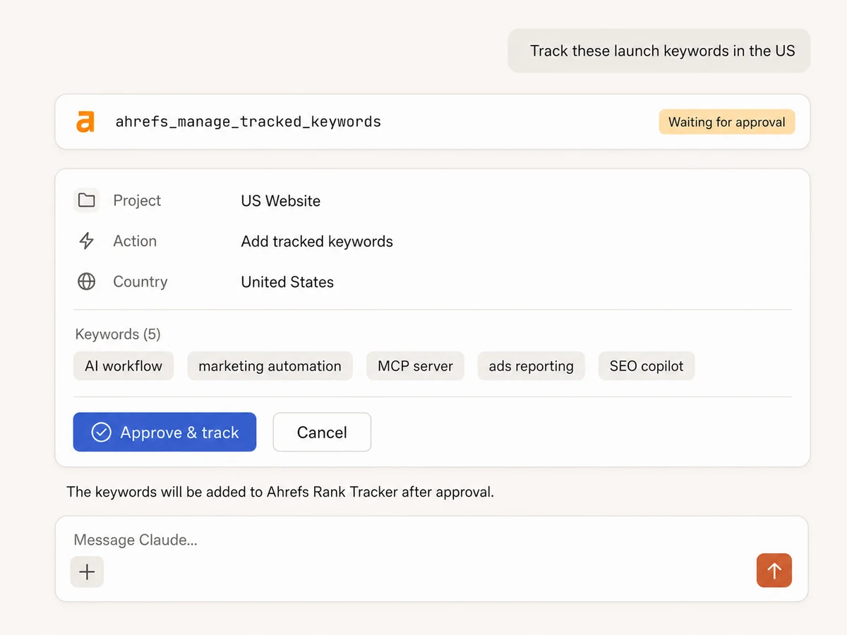 Ahrefs MCP preparing tracked keywords for approval in Rank Tracker