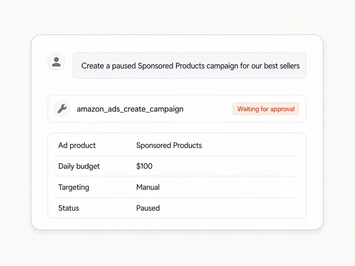 Claude preparing a paused Amazon Sponsored Products campaign for approval