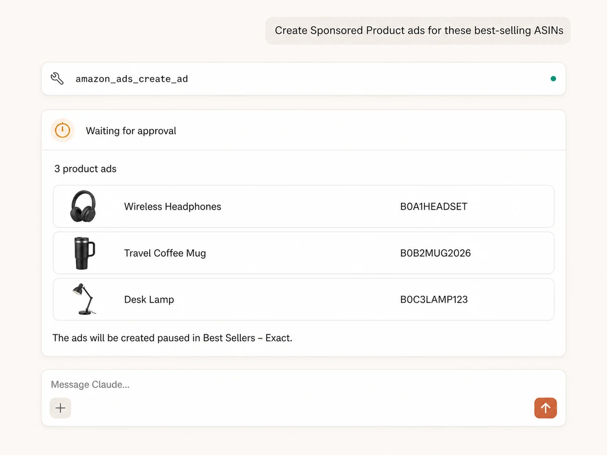 Claude preparing three Amazon Sponsored Product ads for approval