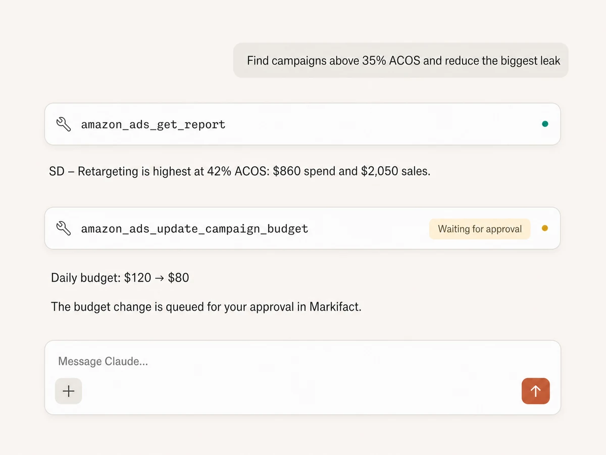 Claude finding a high-ACOS Amazon campaign and preparing a budget reduction for approval