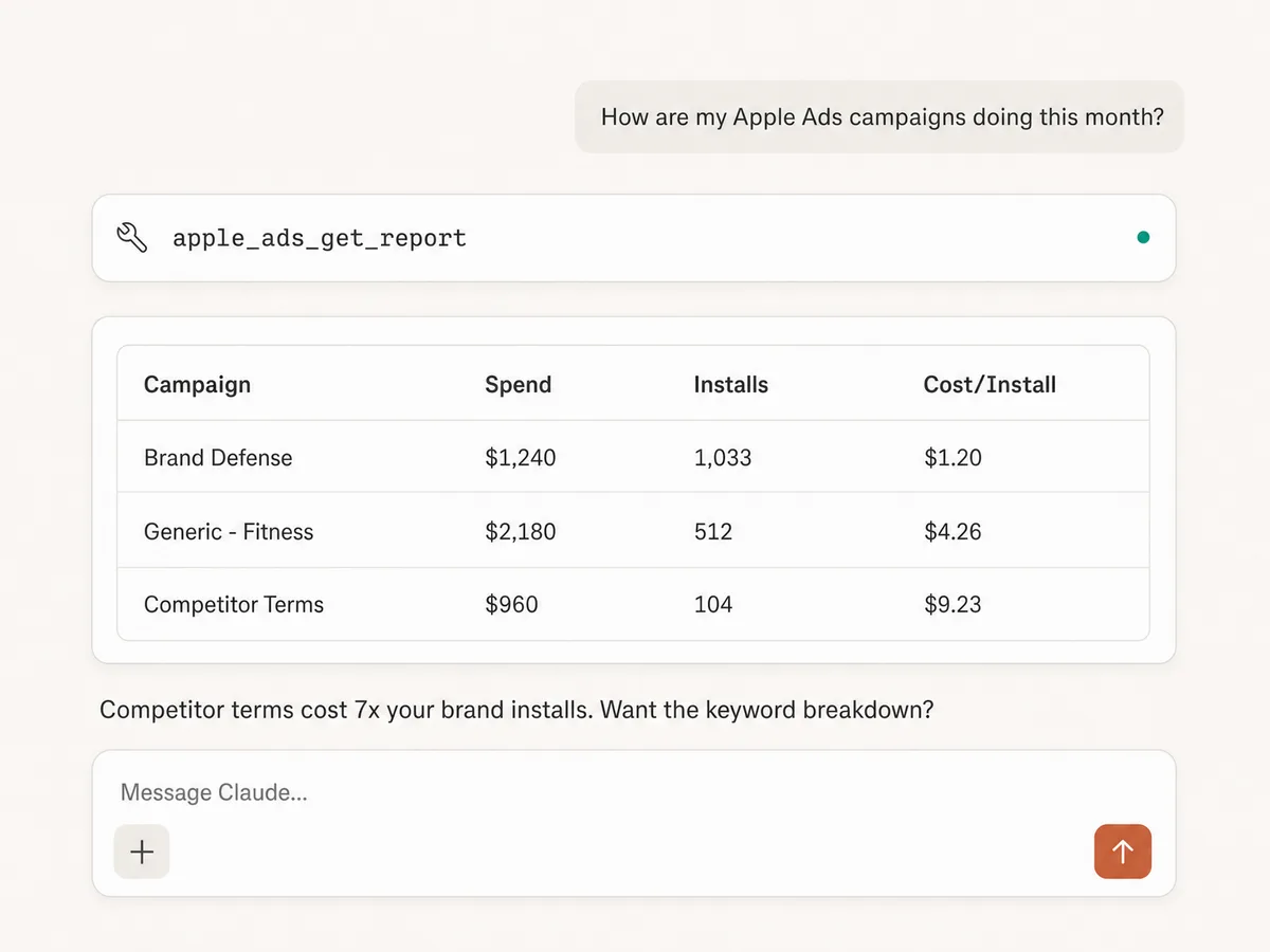 Claude showing Apple Ads campaign spend, installs, and cost per install through Markifact MCP