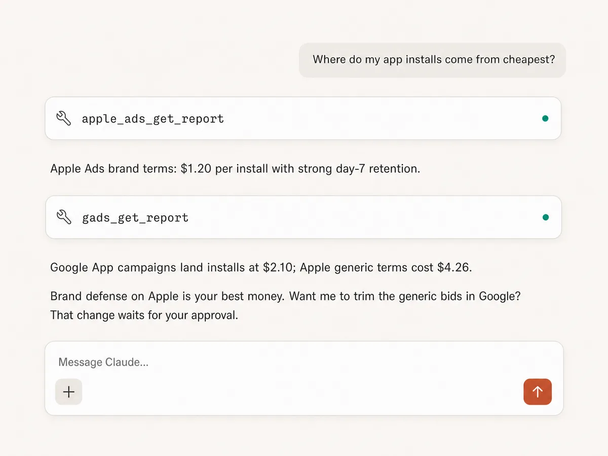 Claude conversation comparing Apple Ads and Google App campaign cost per install through Markifact MCP