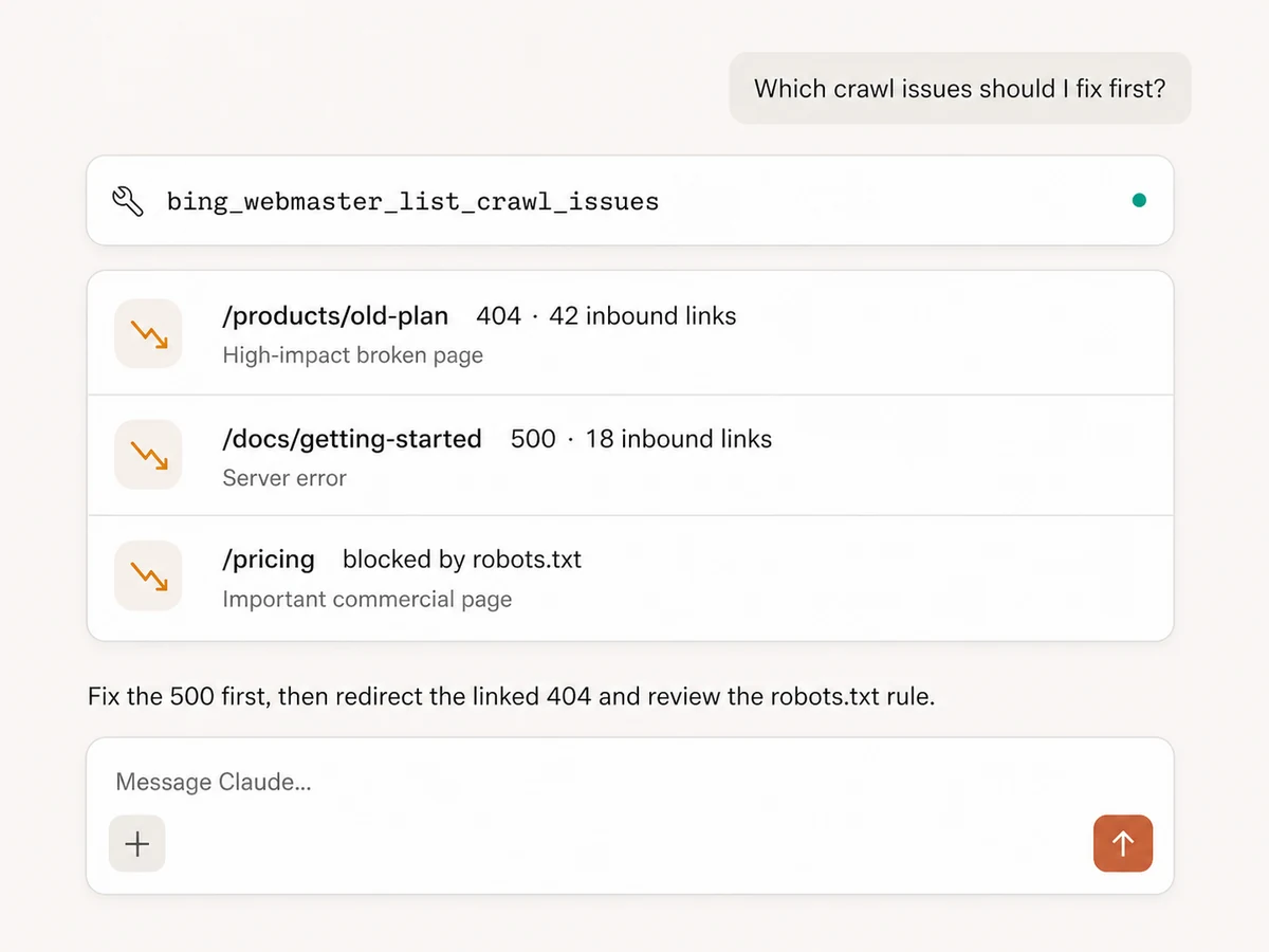 Claude prioritizing Bing Webmaster crawl issues by HTTP status and inbound links