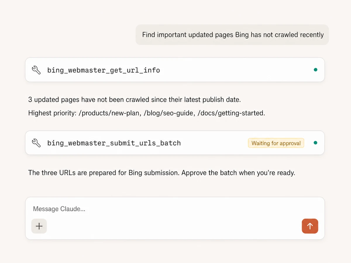 Claude inspecting Bing URL crawl details and preparing an approval-gated batch URL submission