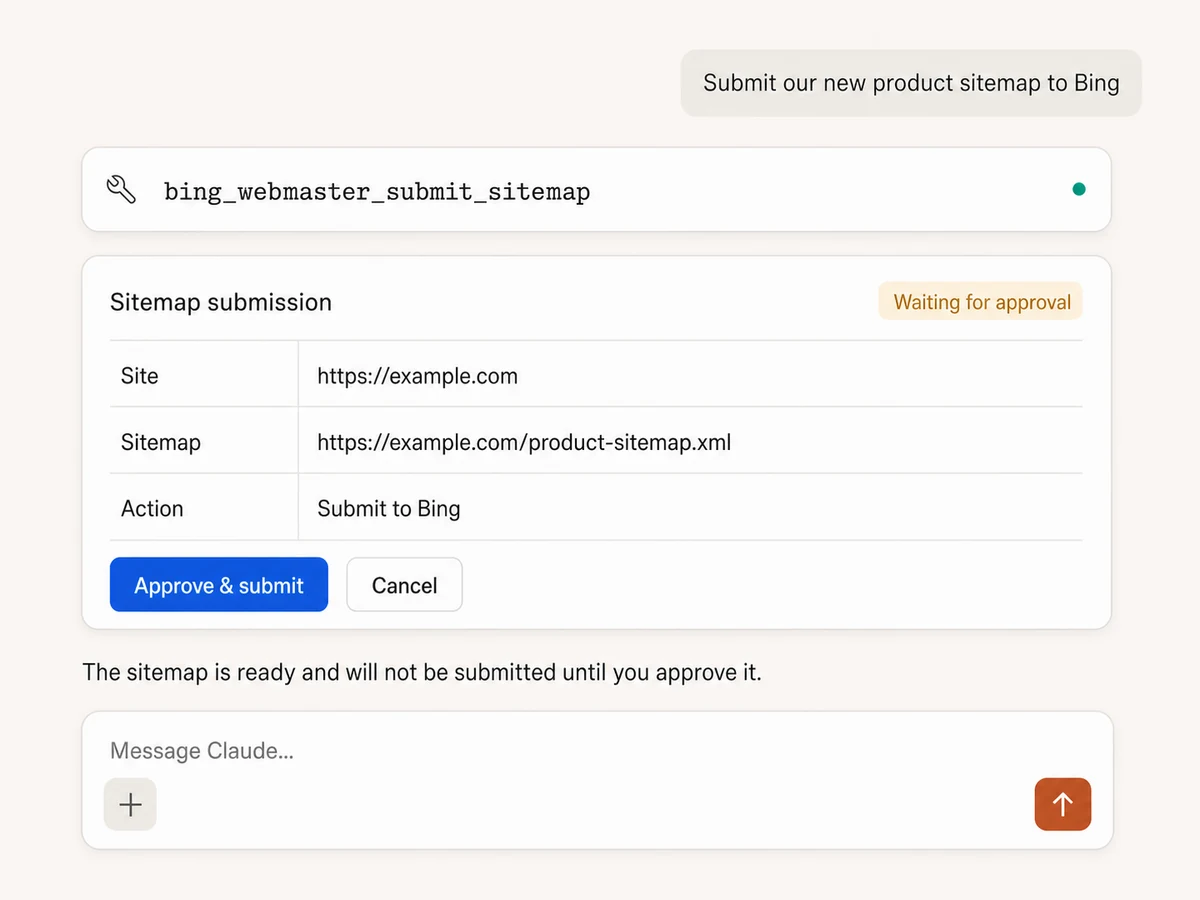 Claude preparing an approval-gated Bing Webmaster sitemap submission through Markifact MCP