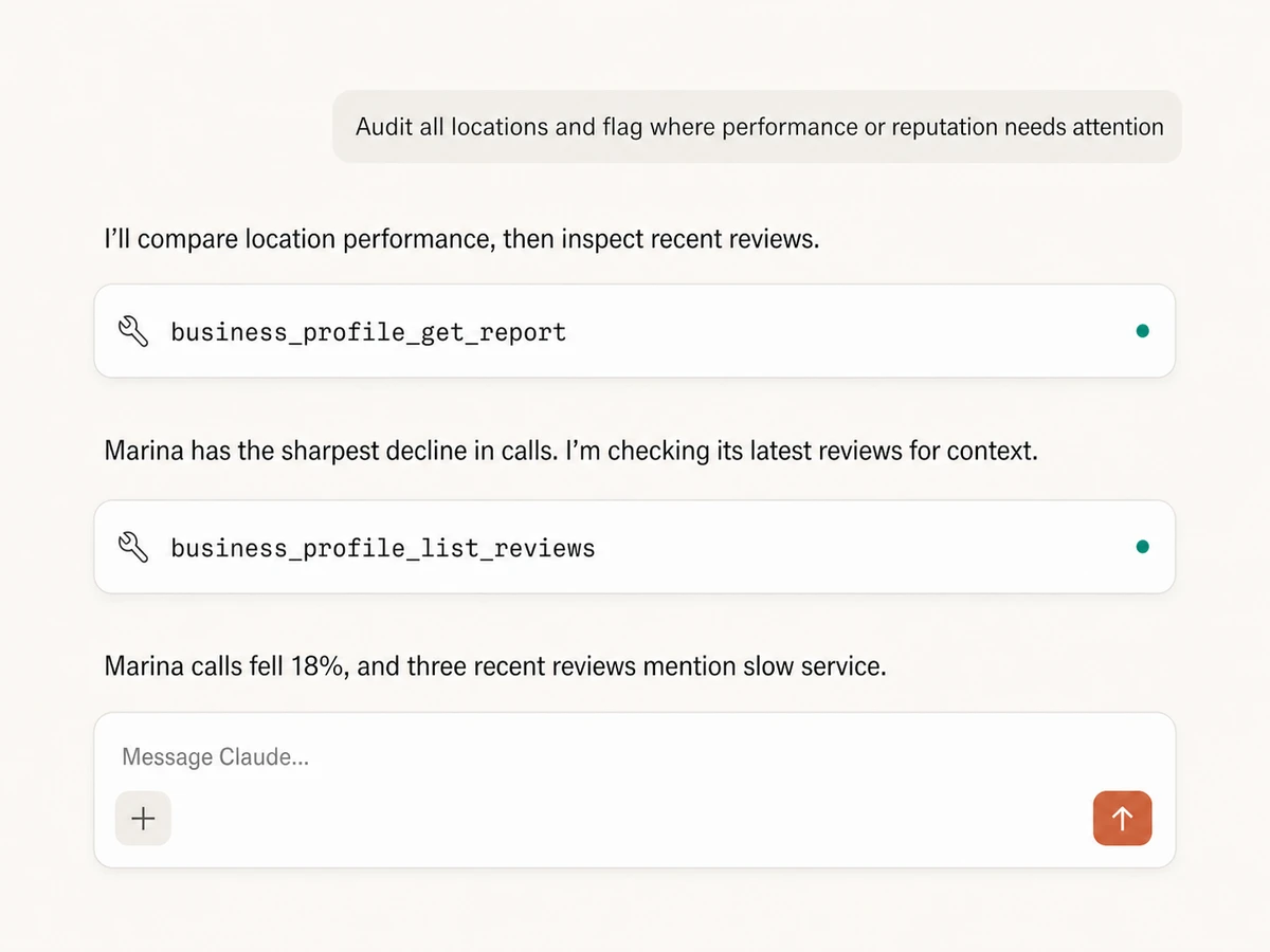Claude conversation comparing Google Business Profile performance and recent reviews through Markifact MCP