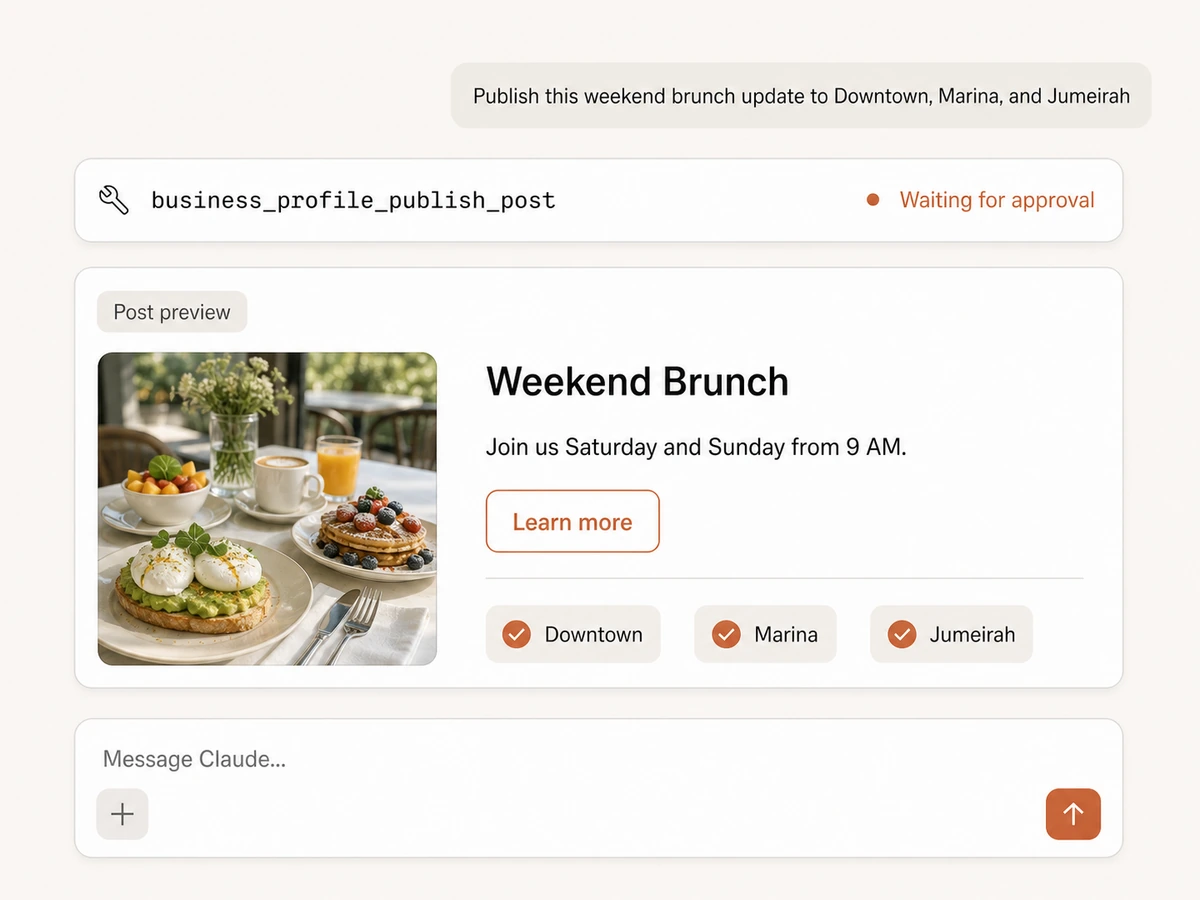 AI assistant preparing a Google Business Profile post with an image, call to action, and multiple locations for approval