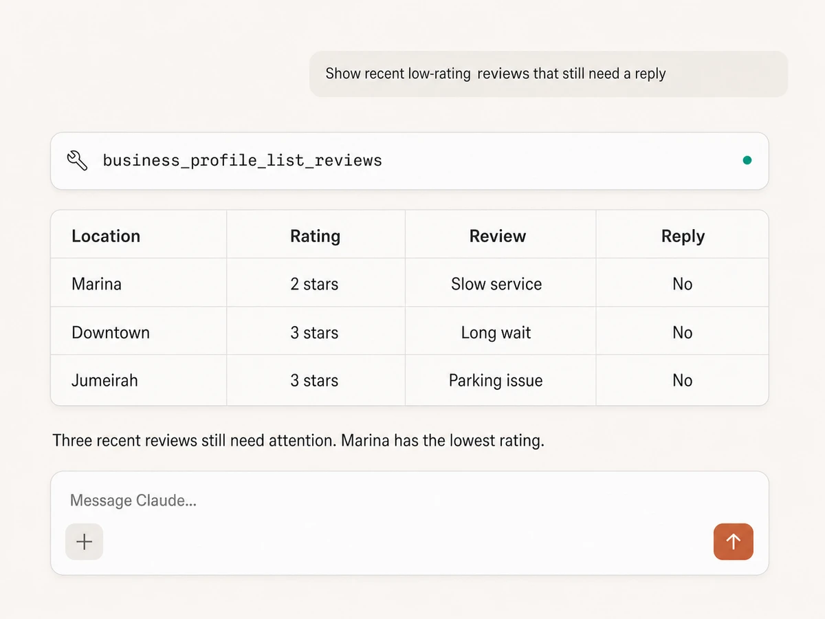 Claude listing recent Google Business Profile reviews without replies through Markifact MCP