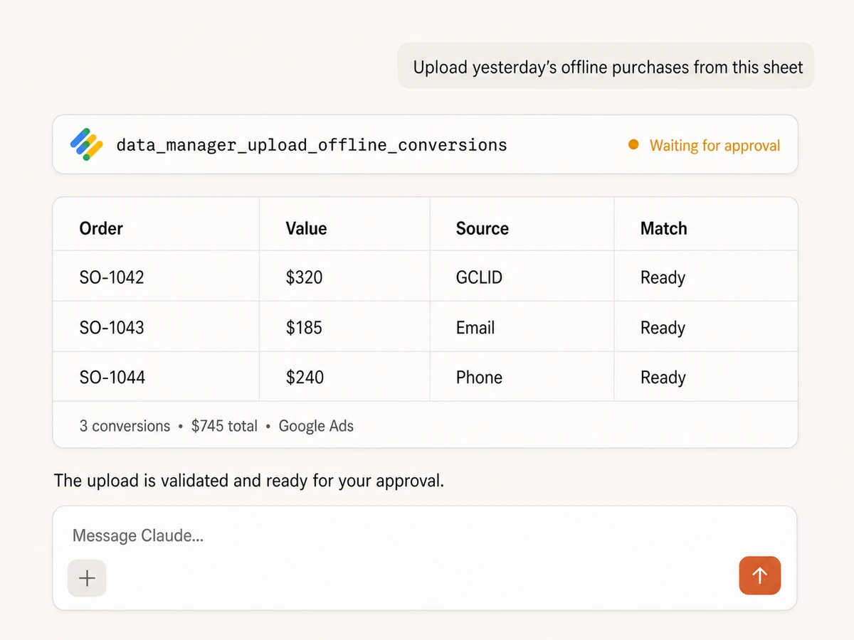 Offline purchases prepared for upload to Google Ads through Google Data Manager MCP