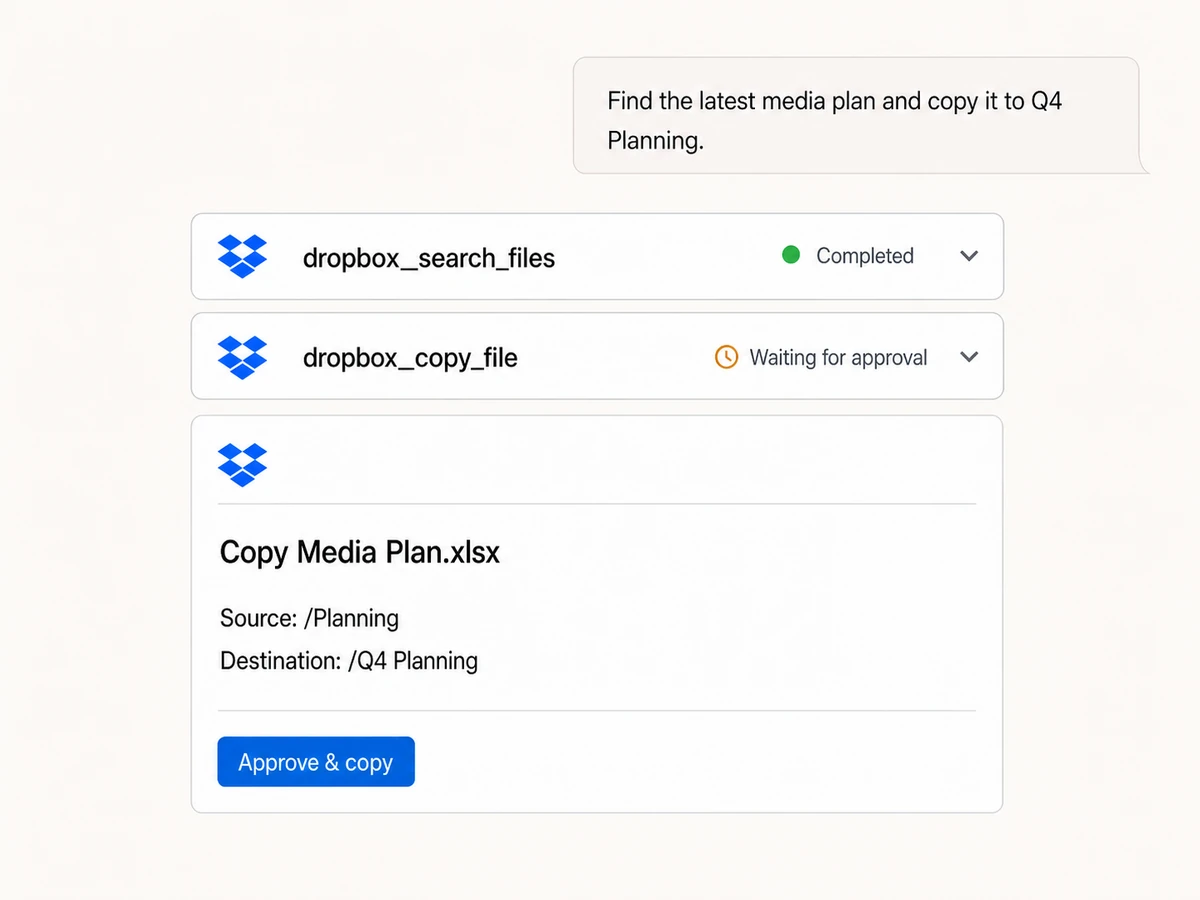 Claude finding a Dropbox file and preparing an approval-gated copy into another Dropbox folder