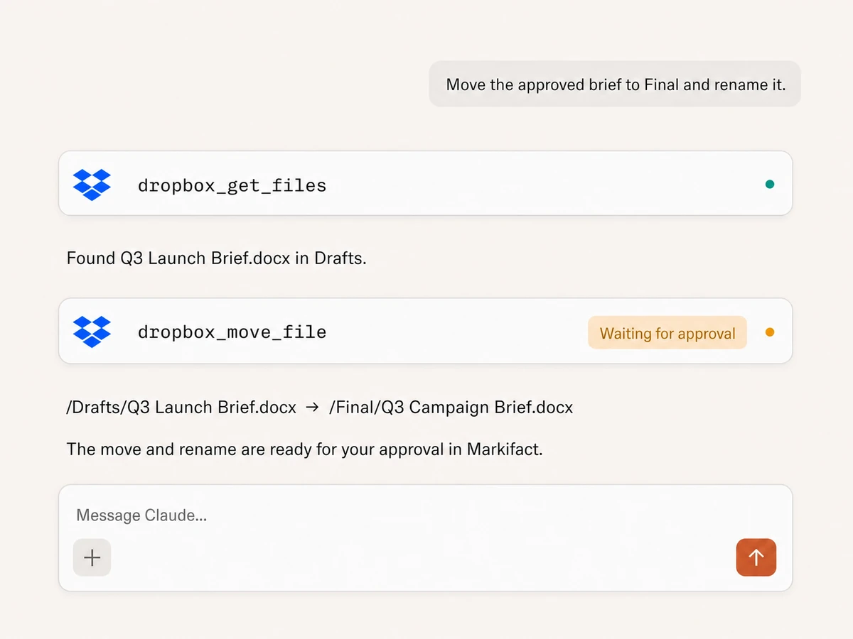 Claude preparing a Dropbox file move and rename that waits for approval in Markifact