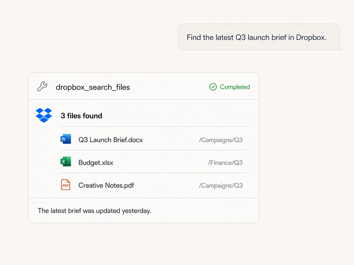 Claude searching Dropbox for the latest launch brief through Markifact MCP