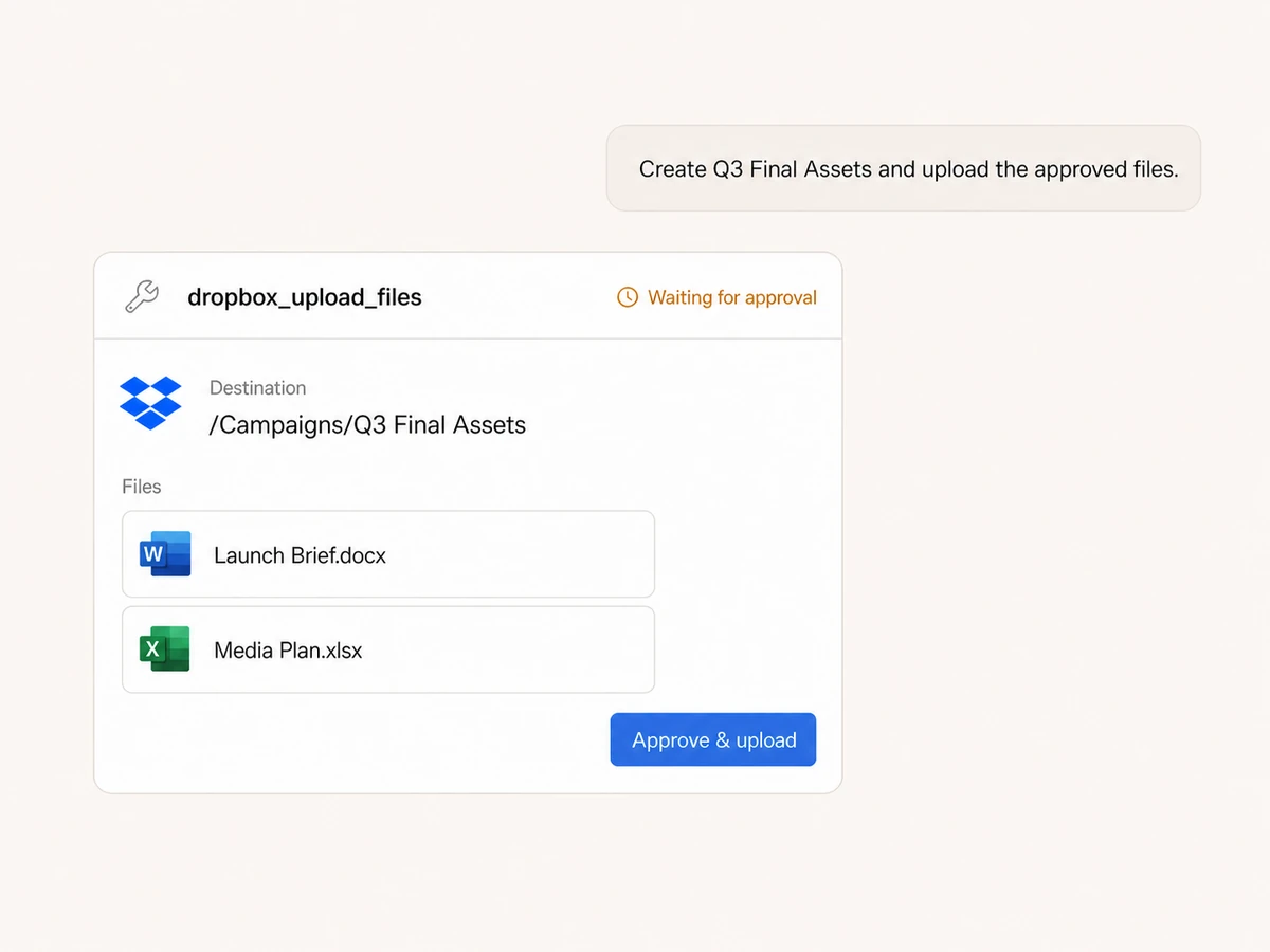 Claude preparing an approval-gated file upload into a Dropbox folder through Markifact MCP