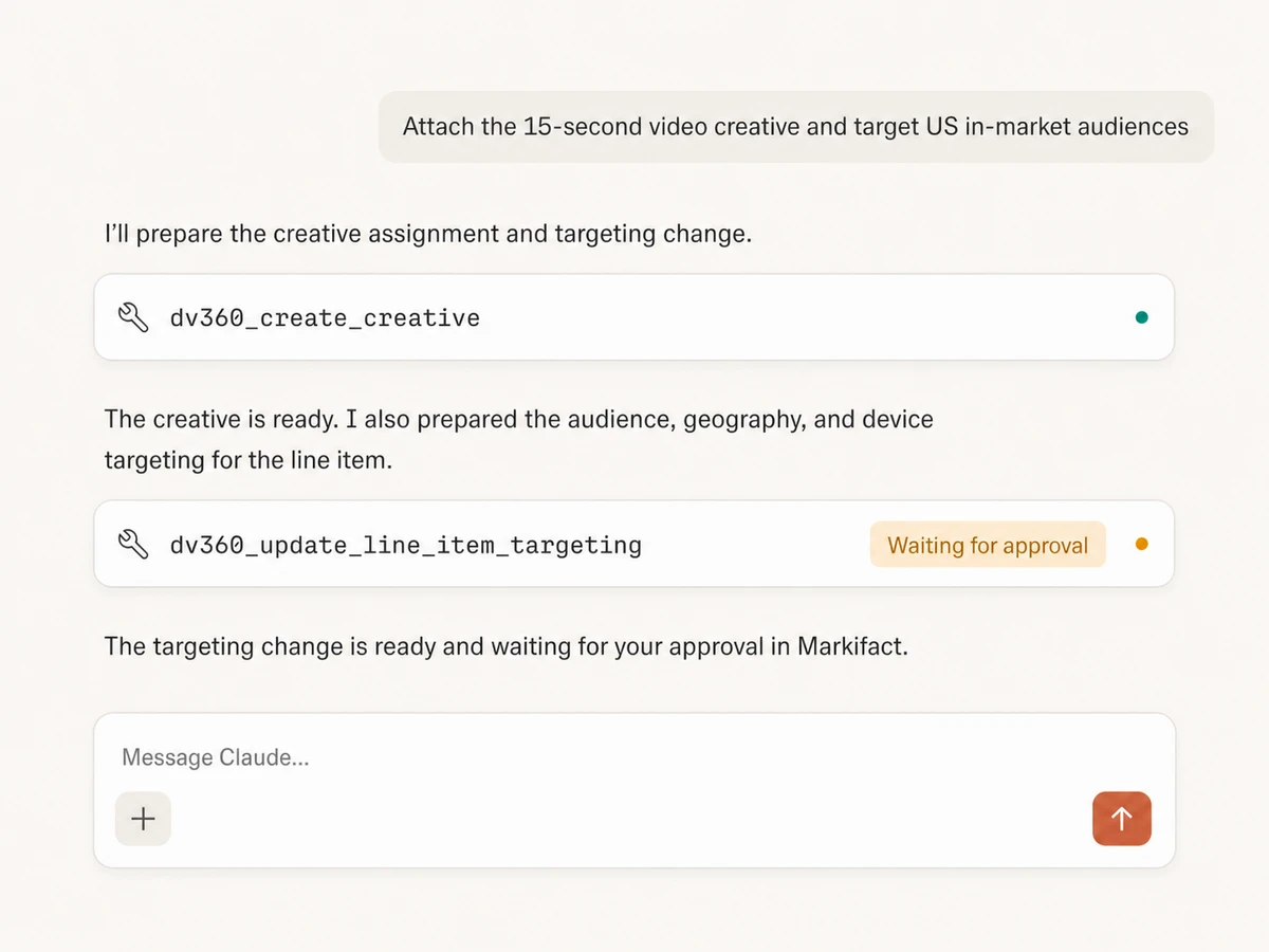 Claude preparing Display & Video 360 creative assignment and line item targeting for approval