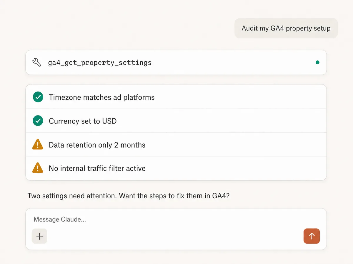 Claude auditing GA4 property settings and flagging data retention and internal traffic filter issues