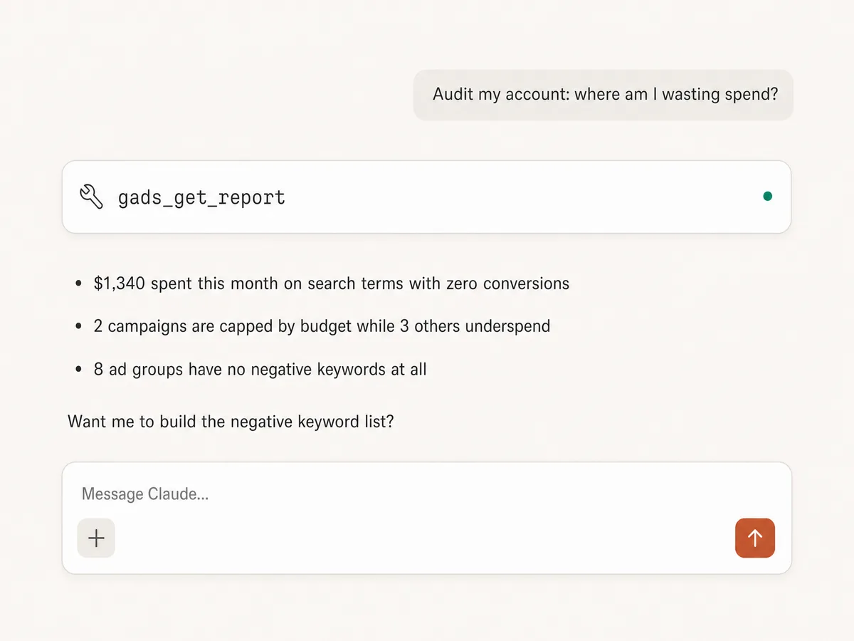 Claude auditing a Google Ads account through Markifact MCP and finding wasted spend