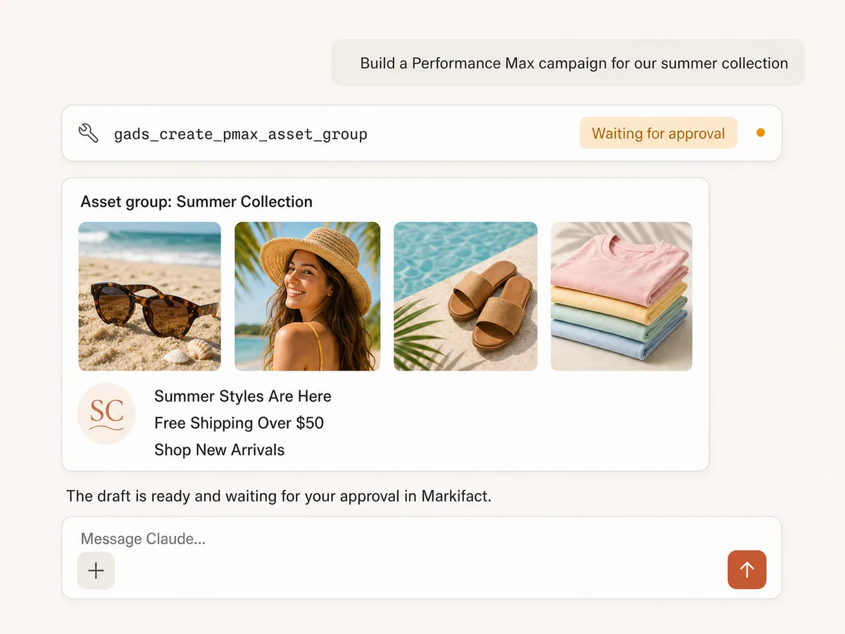 Claude building a Performance Max asset group with product images, logo, and headlines, waiting for approval