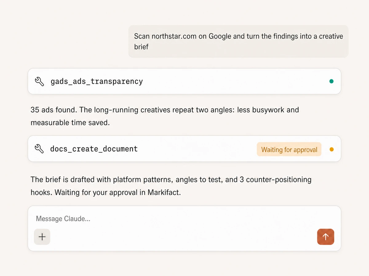 Claude using Google Ads Transparency data to scan a competitor and draft an approval-gated creative brief