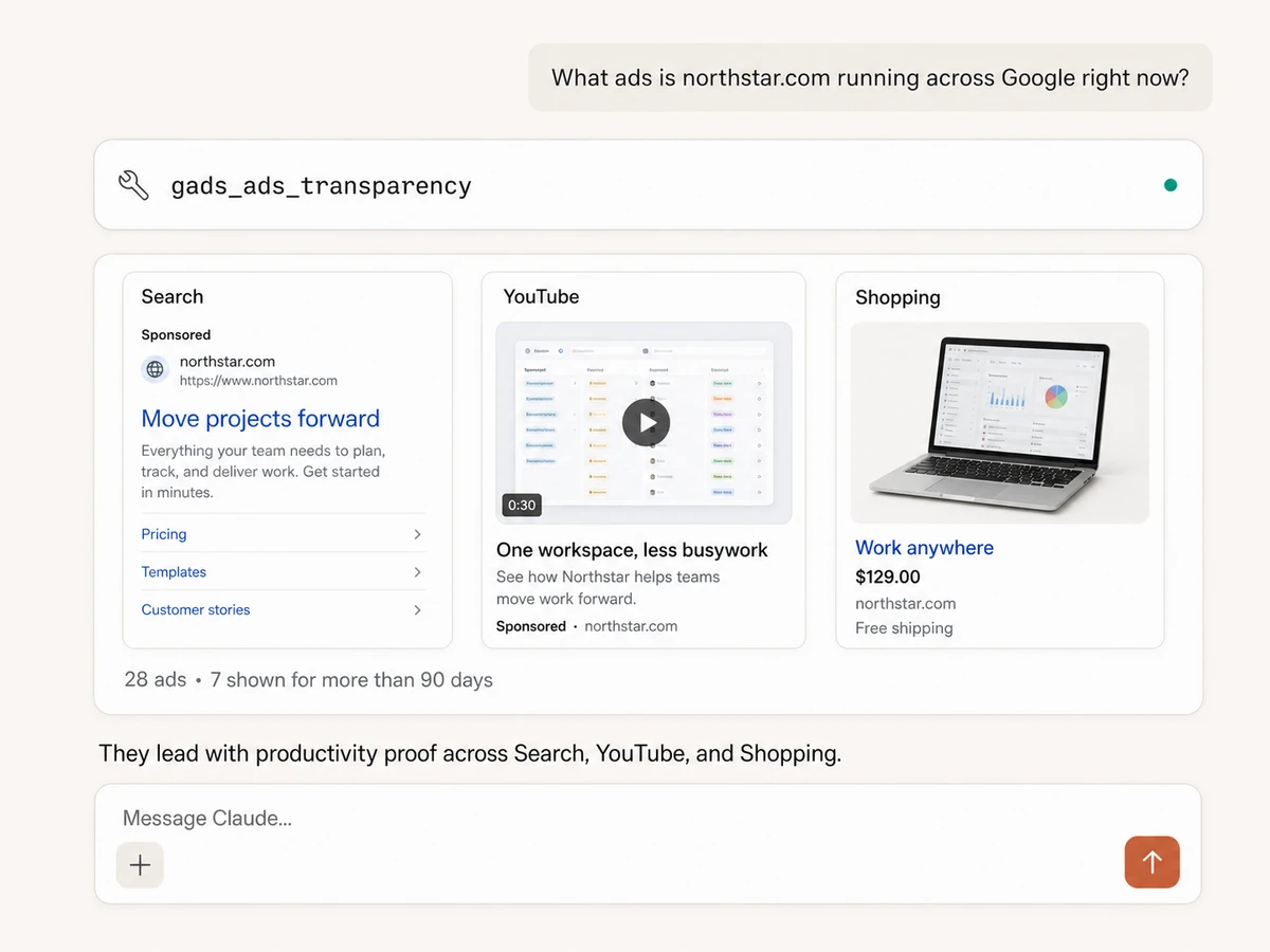 Claude searching Google Ads Transparency Center data for ads from a competitor domain across Search, YouTube, and Shopping