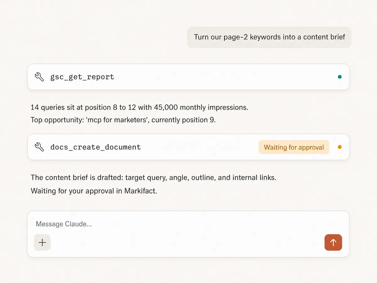 Claude conversation turning Search Console keywords into a content brief document through Markifact MCP, waiting for approval