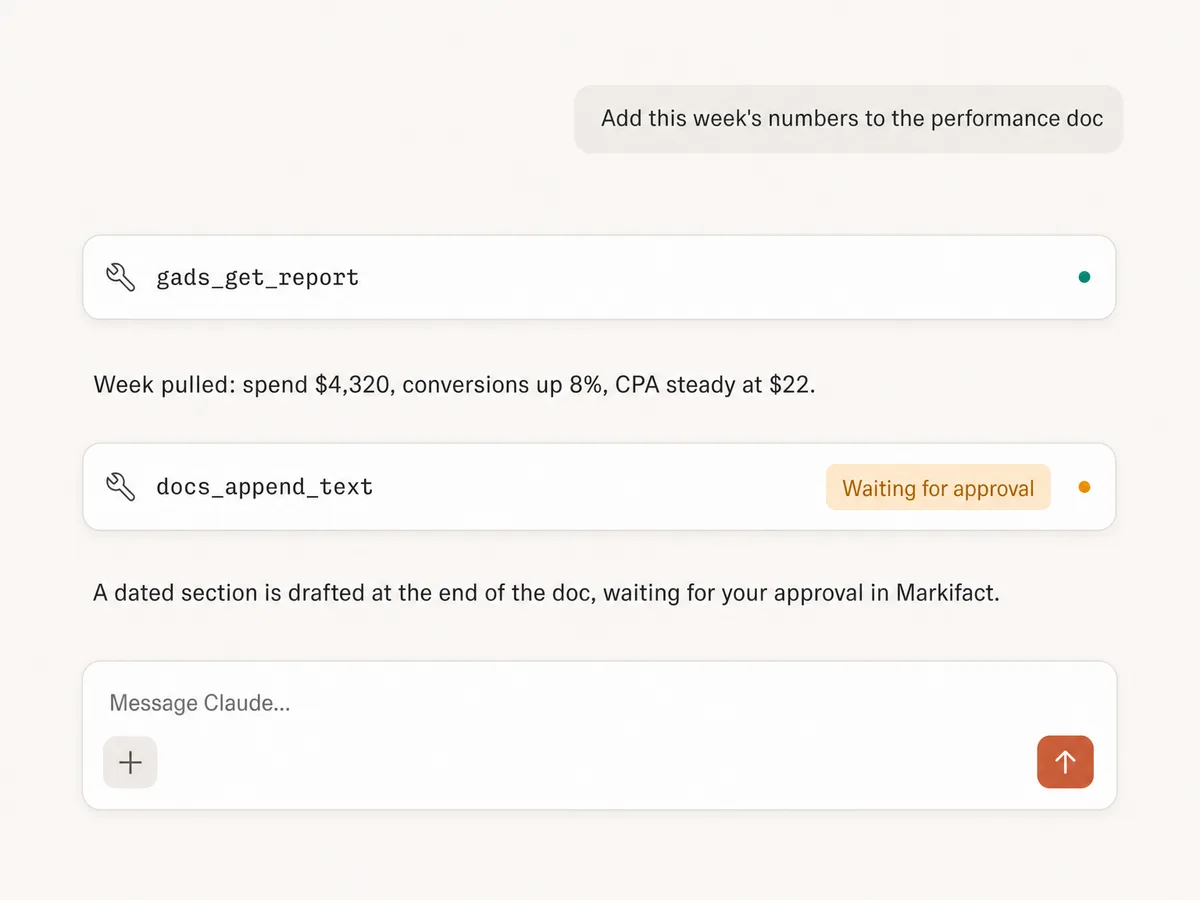 Claude appending this week's numbers to a performance document through Markifact MCP, waiting for approval