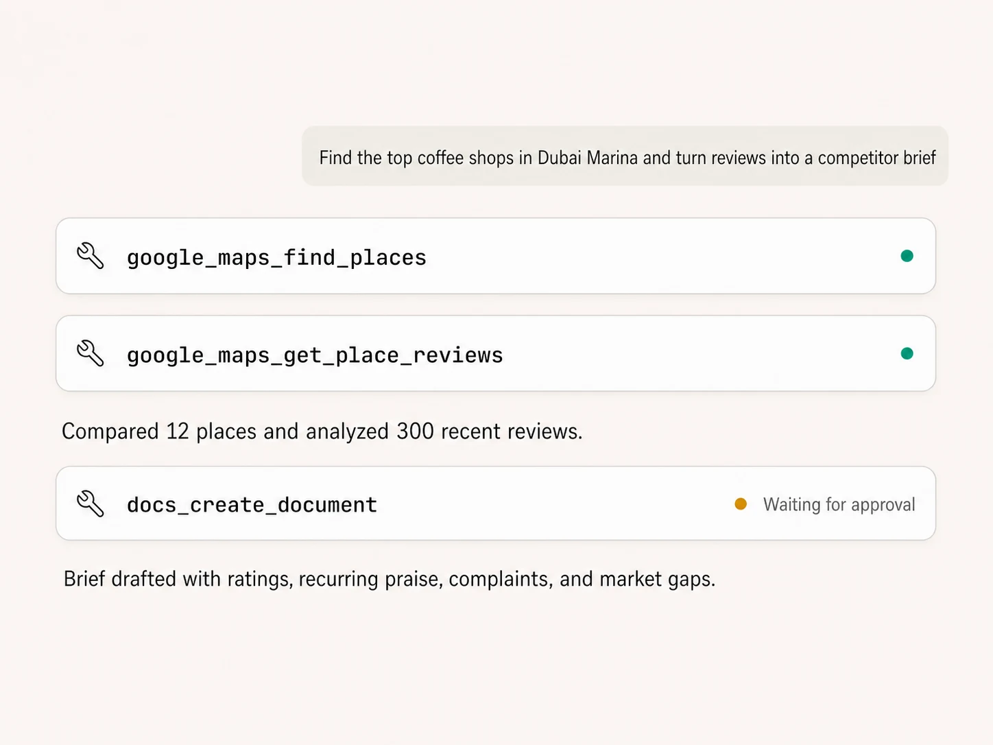 Claude researching Google Maps places and reviews before drafting an approval-gated brief