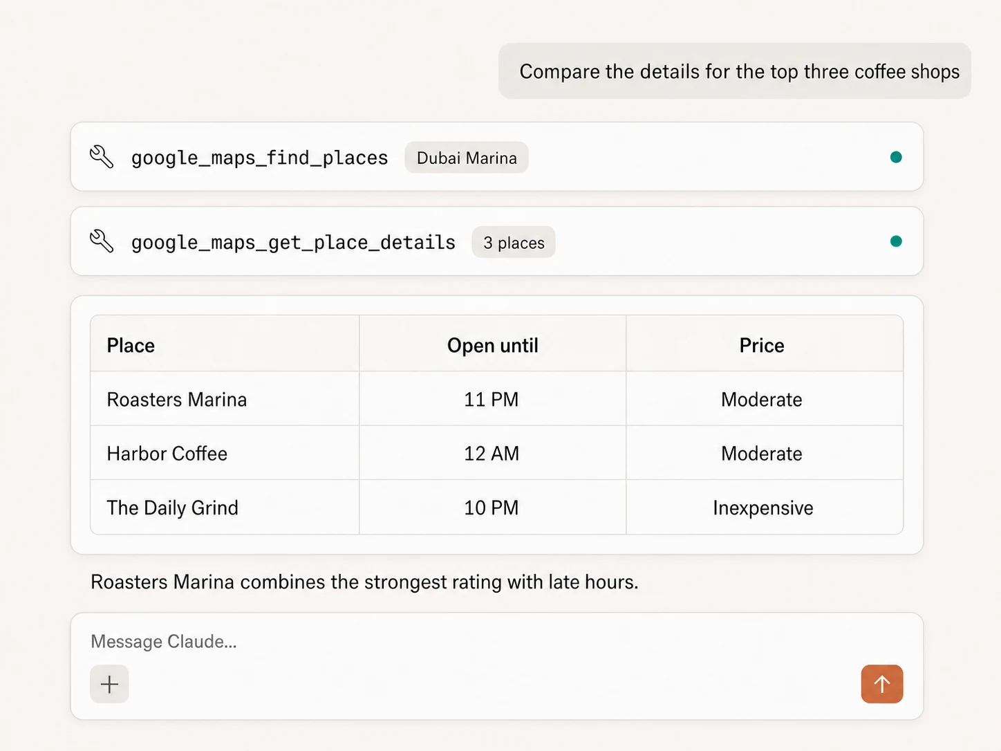 Claude comparing Google Maps place details including opening hours and price level