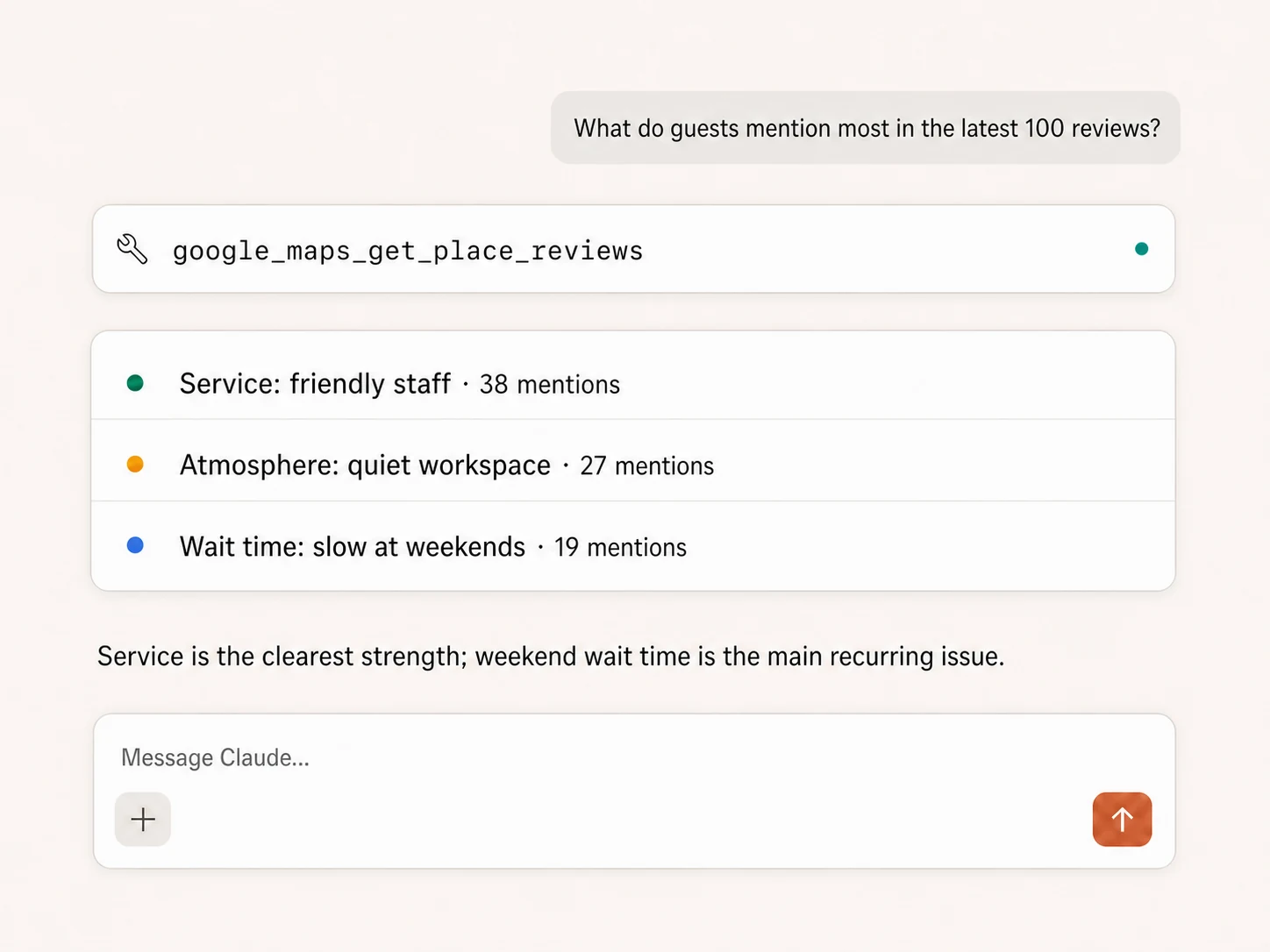 Claude analyzing recurring themes across Google Maps reviews