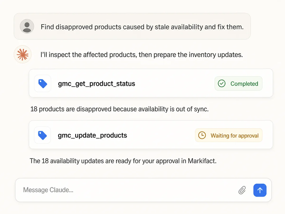 Claude conversation finding disapproved Merchant Center products and preparing availability updates that wait for approval