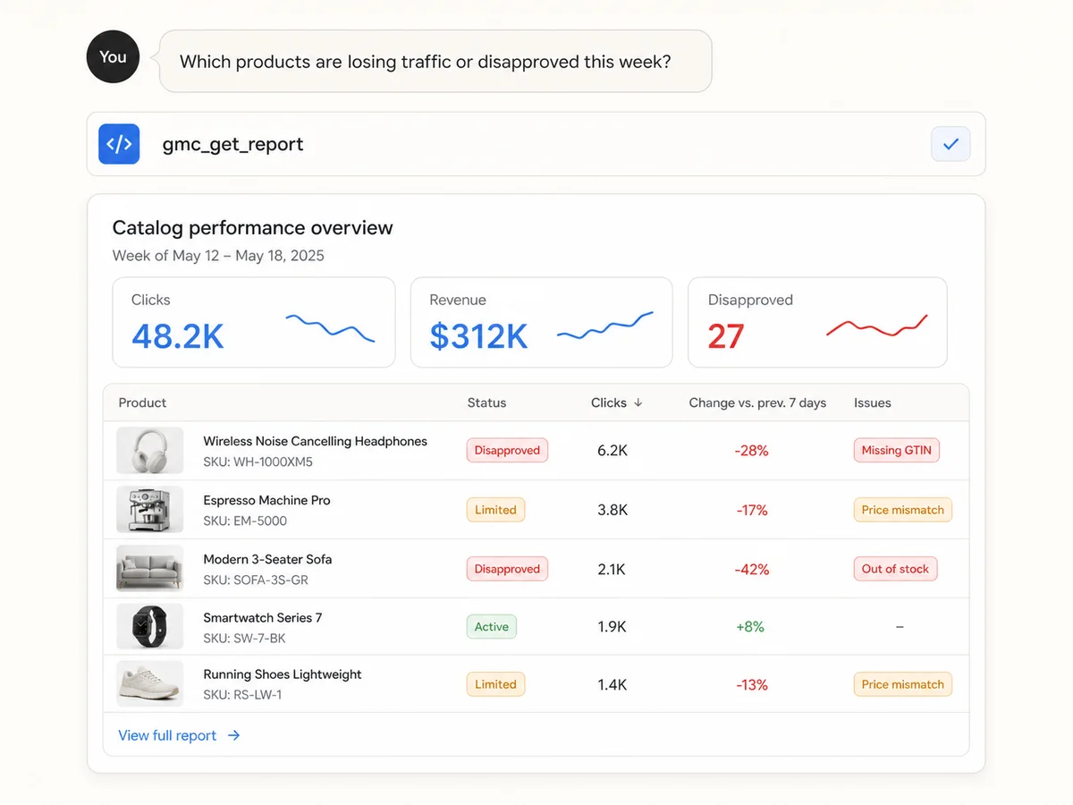 Google Merchant Center performance report and product diagnostics inside Claude using Markifact MCP