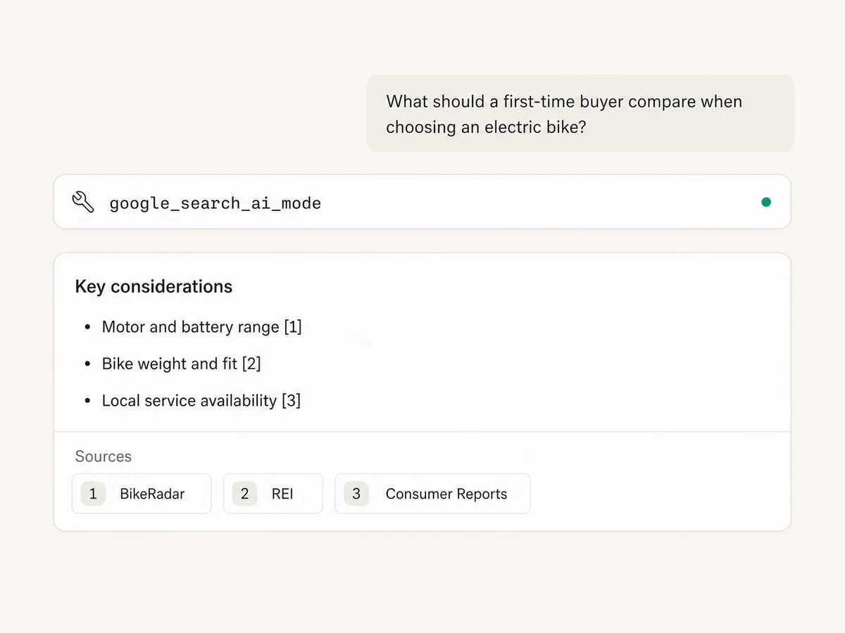Claude retrieving a Google AI Mode answer with cited source links
