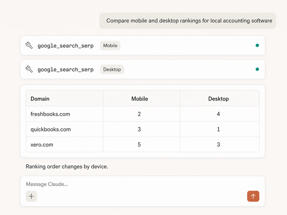 Claude comparing mobile and desktop Google rankings for the same search query