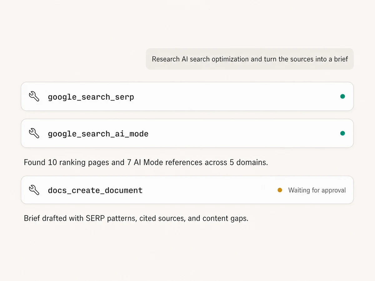 Claude using Google Search SERP and AI Mode before preparing an approval-gated research brief