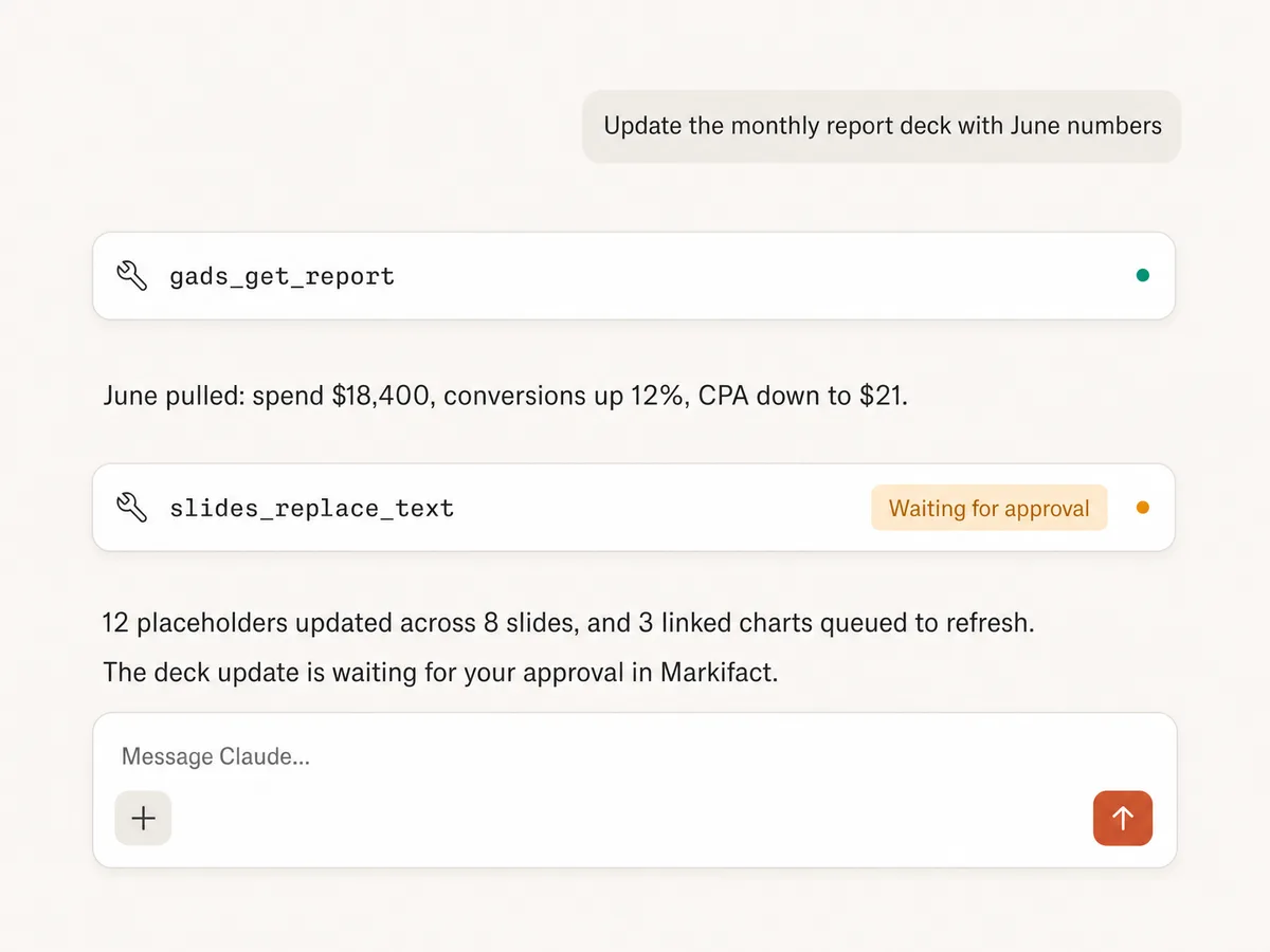 Claude updating a monthly report deck with fresh numbers through Markifact MCP, waiting for approval