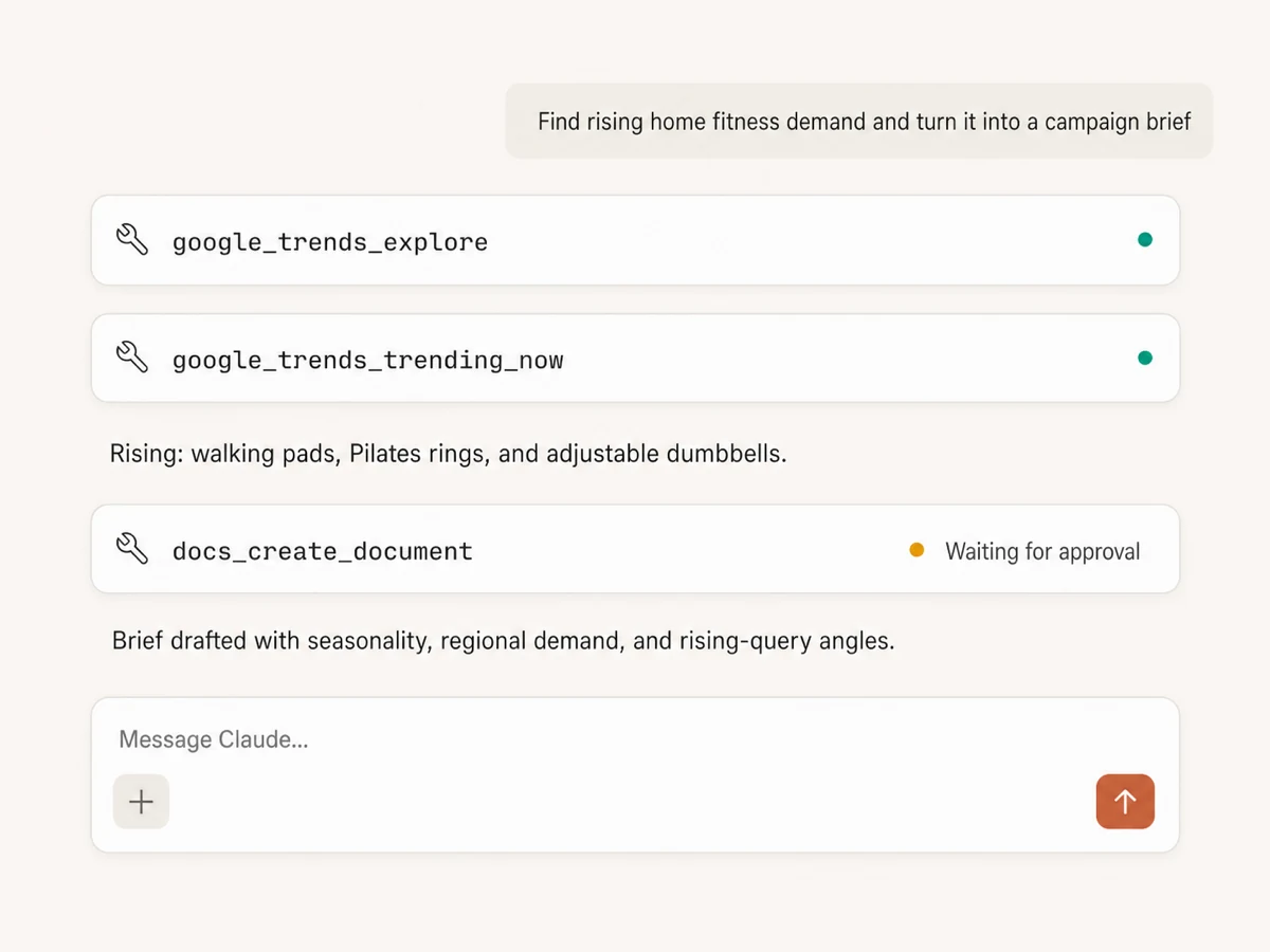 Claude using Google Trends Explore and Trending Now before preparing an approval-gated campaign brief