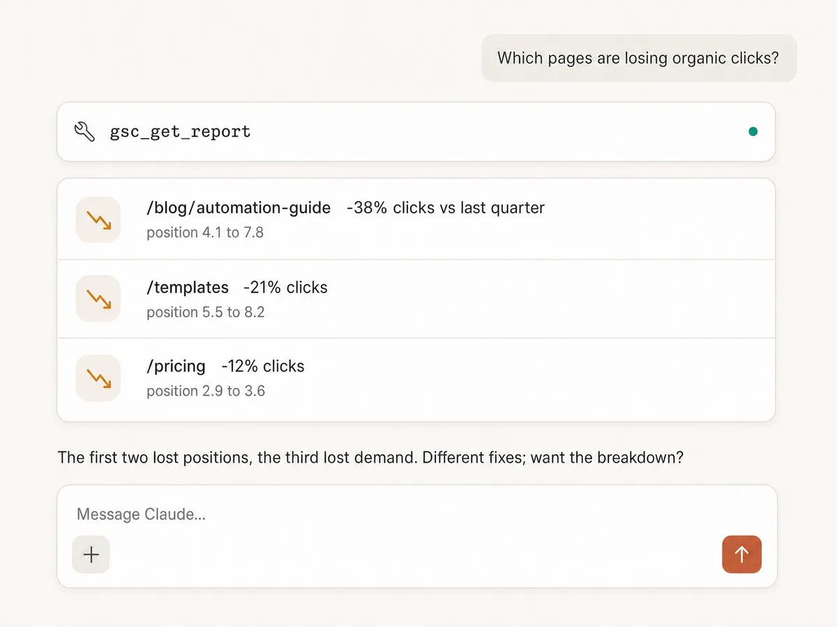 Claude flagging pages losing organic clicks with their position changes through Markifact MCP