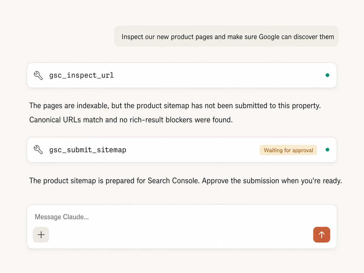 Claude inspecting Google Search Console URLs and preparing an approval-gated sitemap submission through Markifact MCP