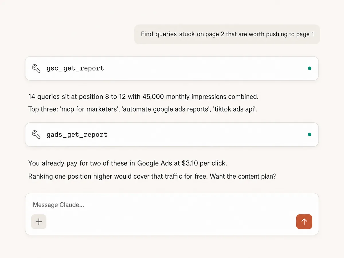 Claude conversation finding striking-distance Search Console queries and crossing them with Google Ads spend through Markifact MCP