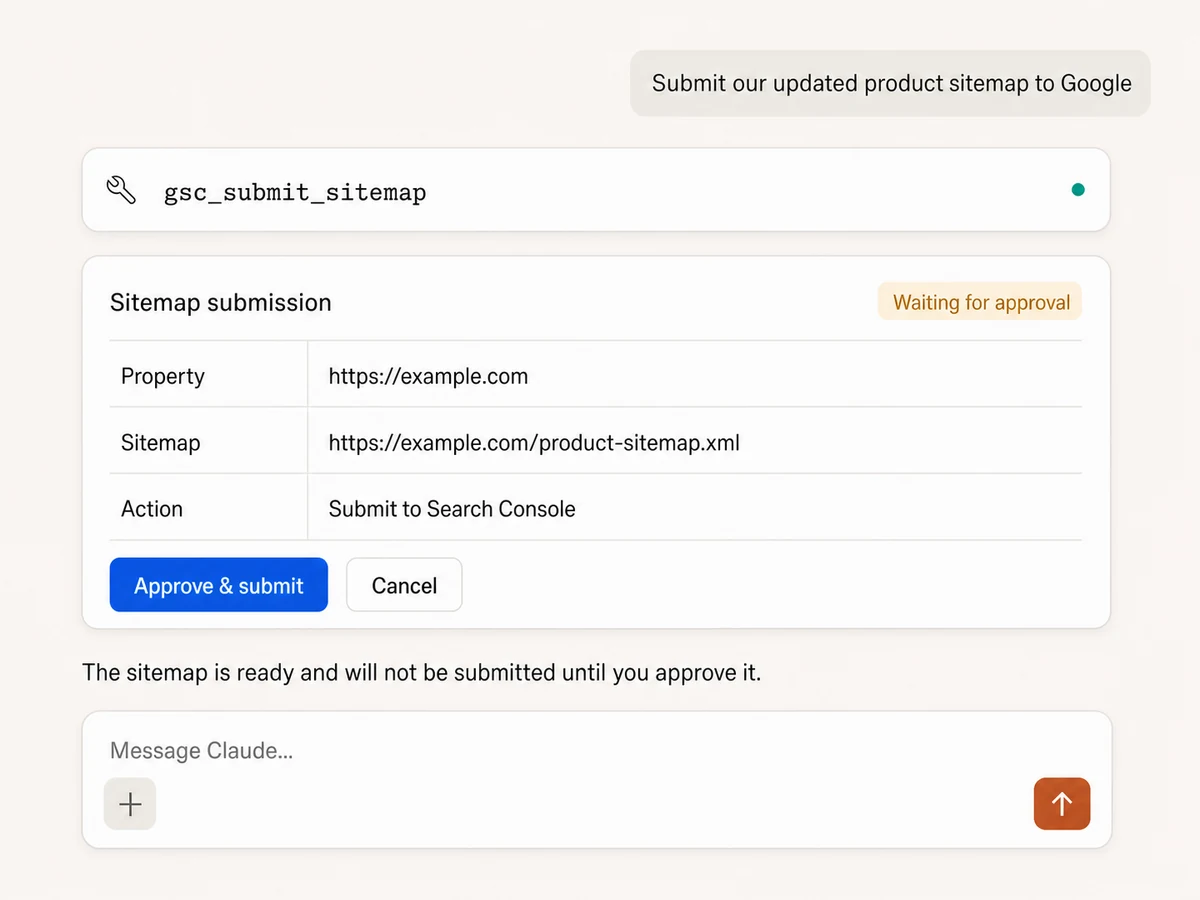 Claude preparing an approval-gated sitemap submission to Google Search Console through Markifact MCP