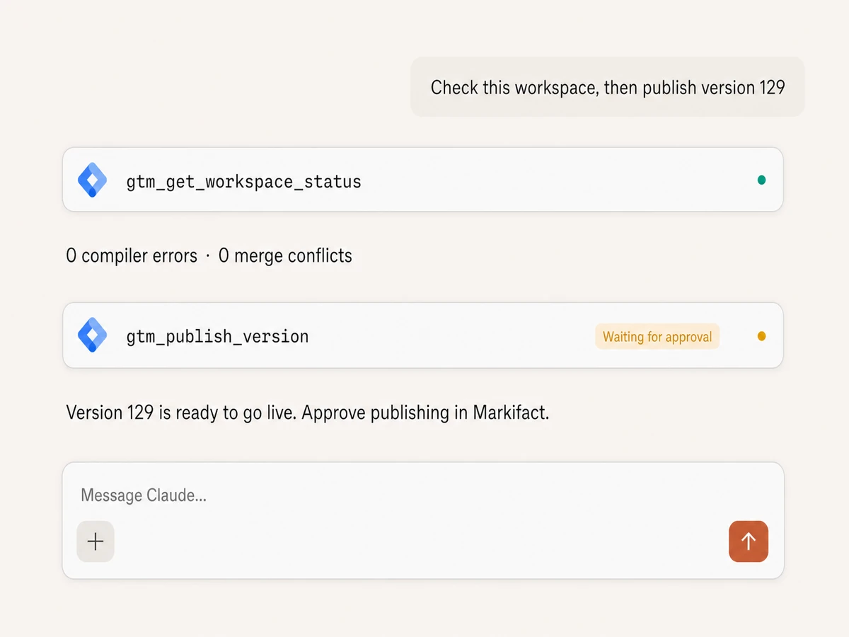 Claude checking a Google Tag Manager workspace and waiting for approval before publishing a container version