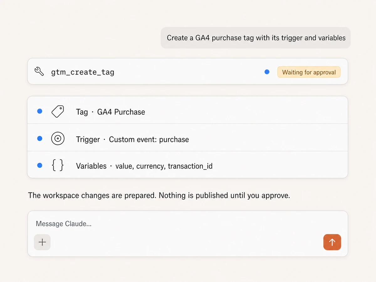 Claude preparing a Google Tag Manager tag, trigger, and variables that wait for approval in Markifact