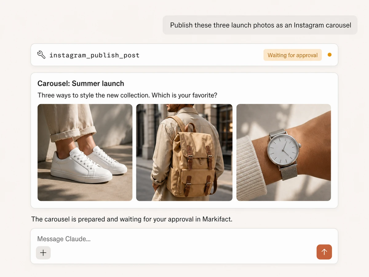 Claude preparing an organic Instagram carousel with three launch photos for approval