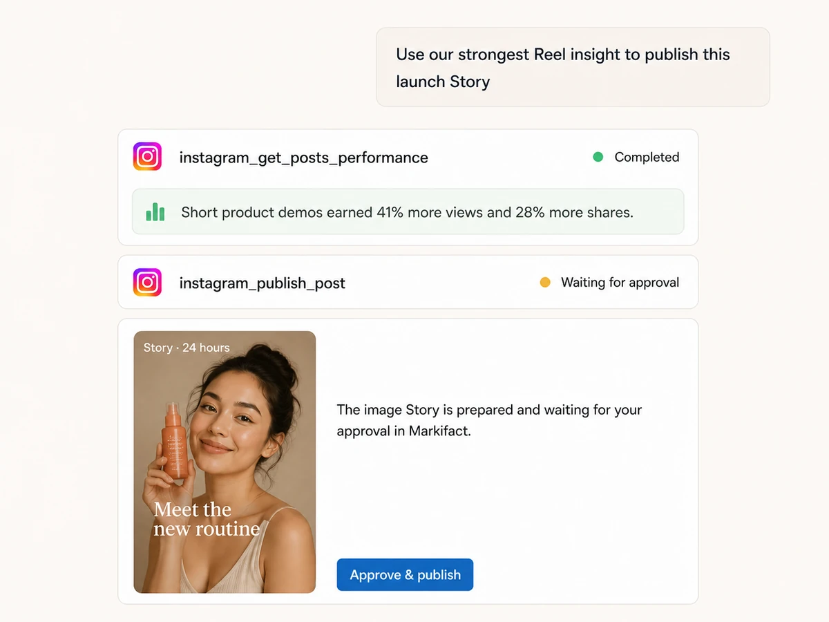 Claude analyzing Instagram Reels and preparing a Story for approval