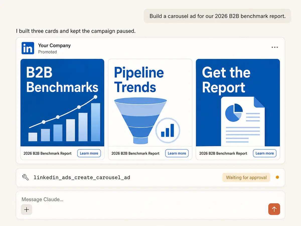 LinkedIn carousel ad for a B2B benchmark report prepared in Claude and waiting for approval