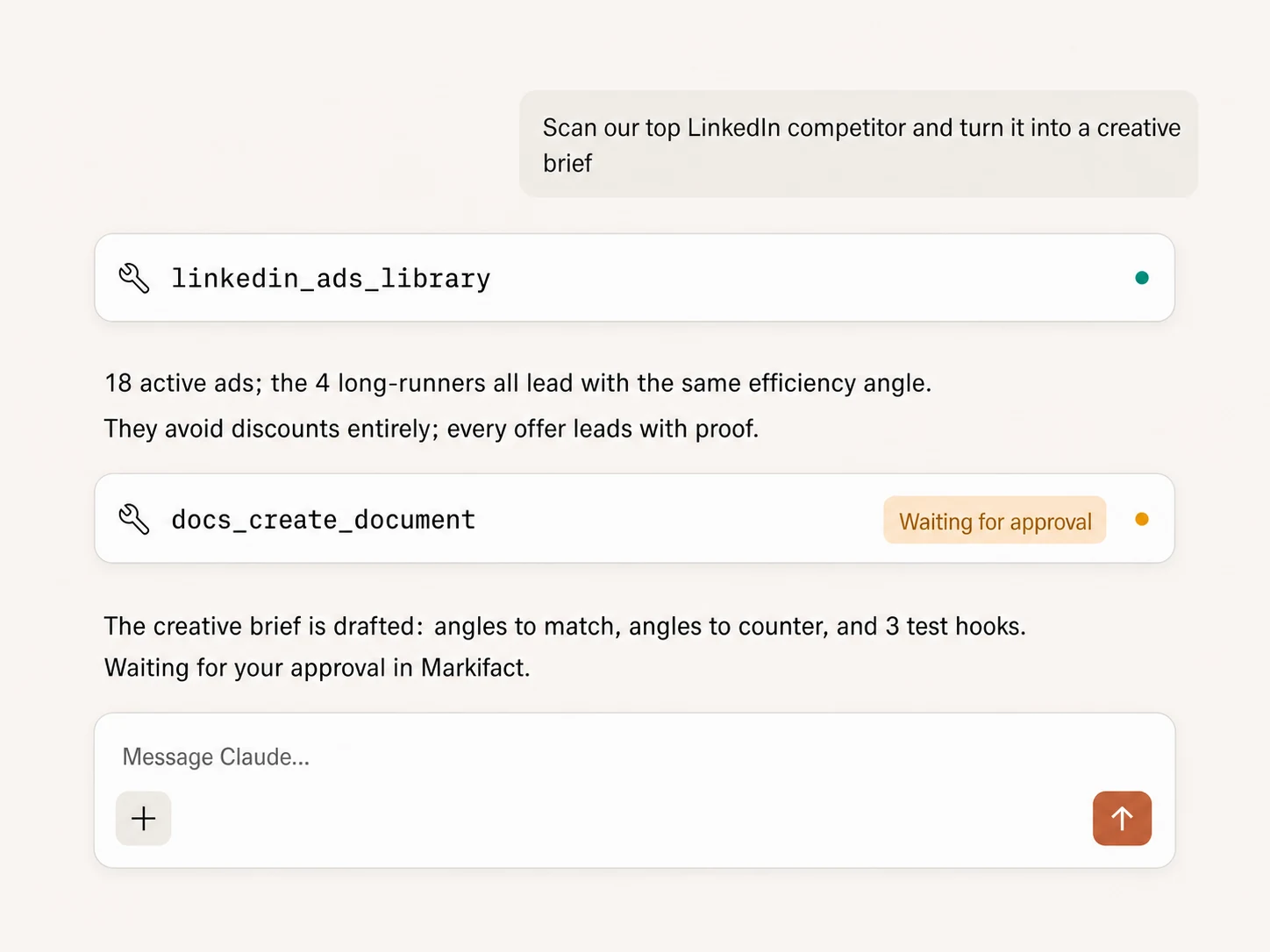 Claude turning LinkedIn Ads Library research into an approval-gated creative brief