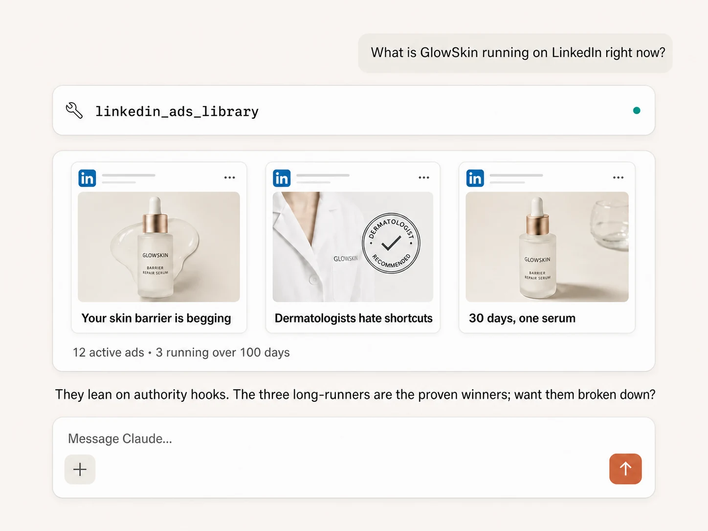 Claude searching LinkedIn Ads Library for an advertiser and returning public ads