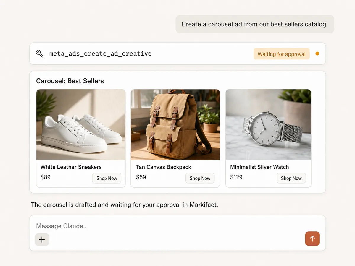 Claude drafting a Meta carousel ad with product images and prices, waiting for approval in Markifact