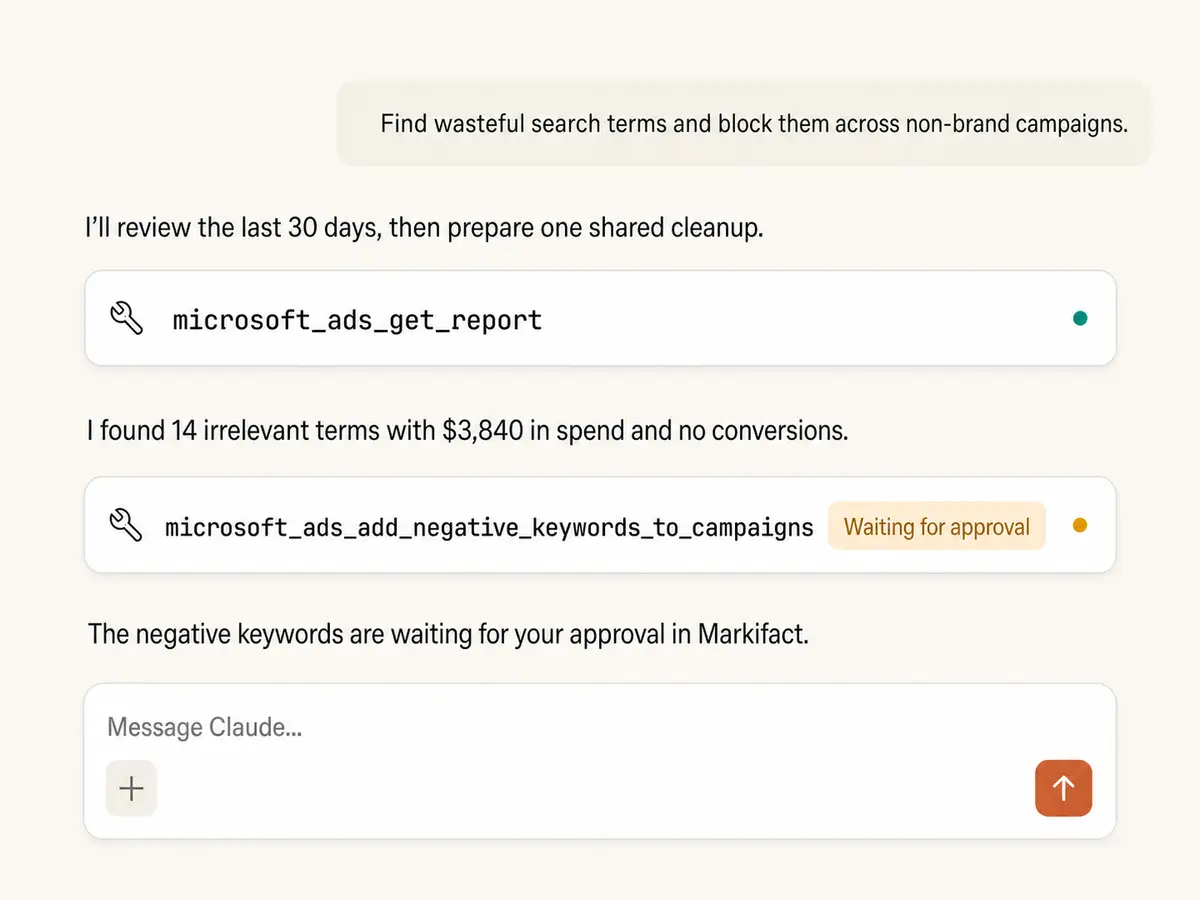 Claude conversation finding wasted Microsoft Ads search terms and preparing negative keywords that wait for approval
