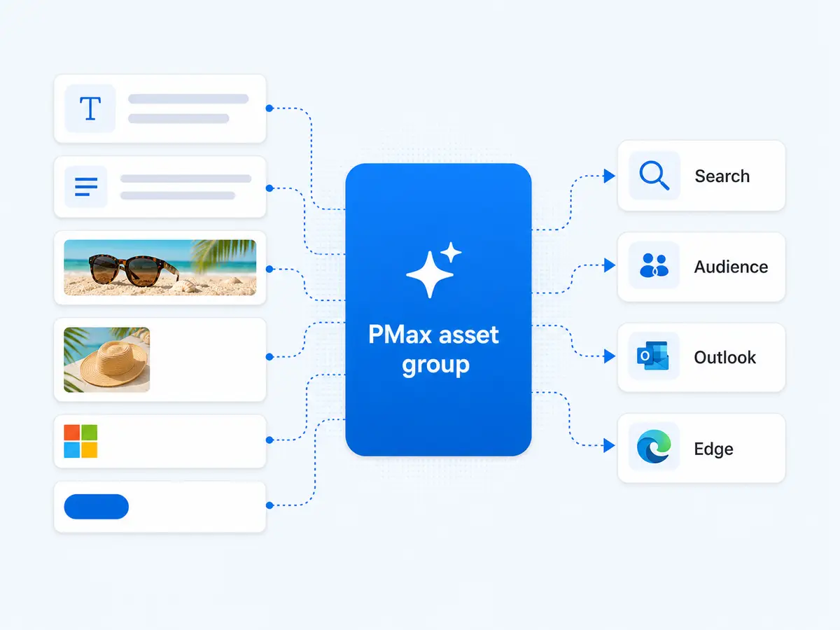 Microsoft Ads Performance Max asset group distributing creative across Search, Audience, Outlook, and Edge